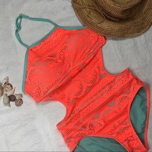 Cut Out Florescent Orange & Teal Swimsuit Size M